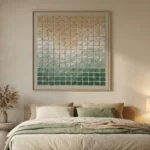 Textured abstract hand-painted canvas with gradient color blocks transitioning from warm cream to soft sage and deep forest green, contemporary bedroom