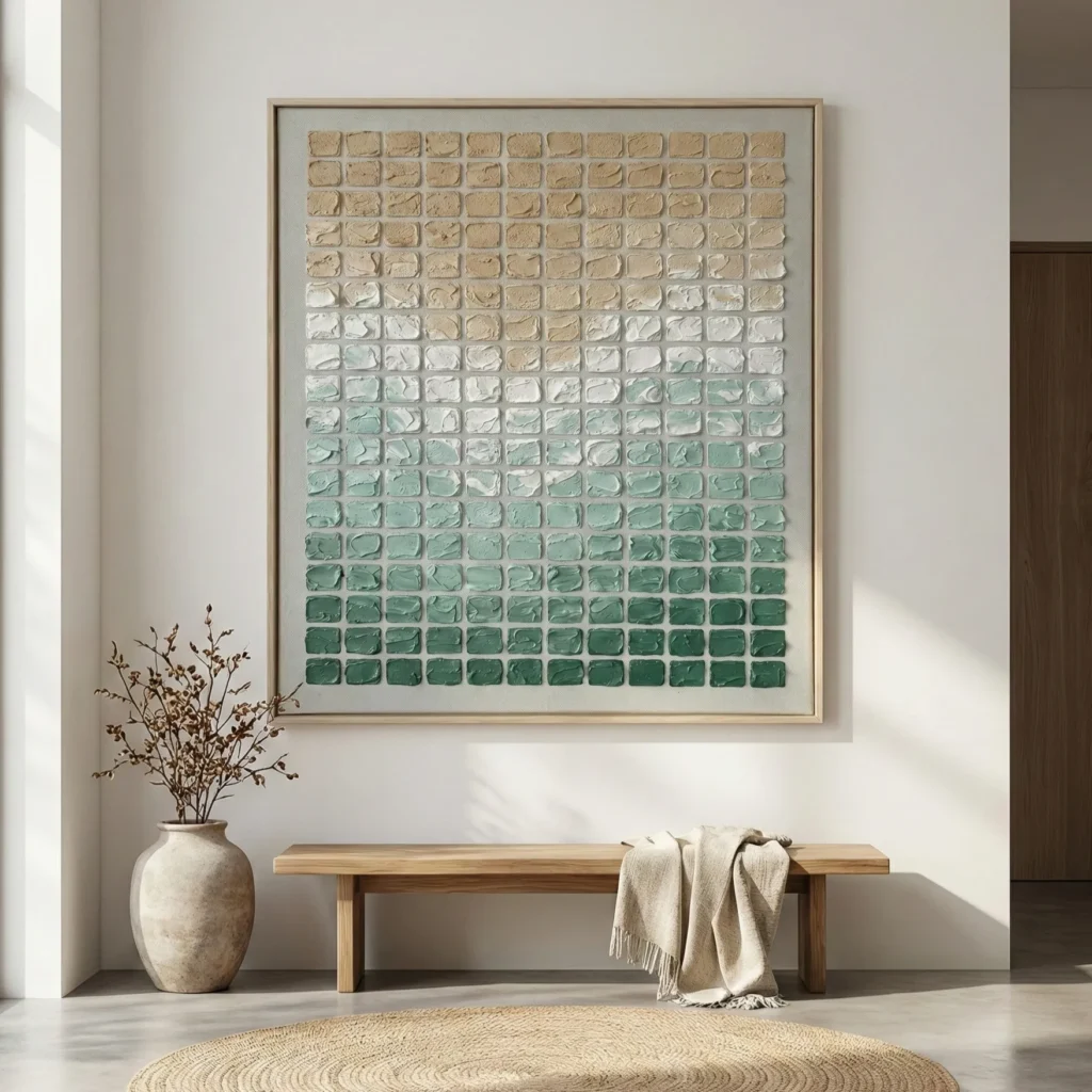 Textured hand-painted canvas with gradient ombre effect, transitioning from warm beige to deep forest green in grid composition, contemporary entryway