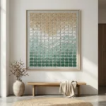 Textured hand-painted canvas with gradient ombre effect, transitioning from warm beige to deep forest green in grid composition, contemporary entryway