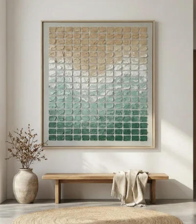 Textured hand-painted canvas with gradient ombre effect, transitioning from warm beige to deep forest green in grid composition, contemporary entryway