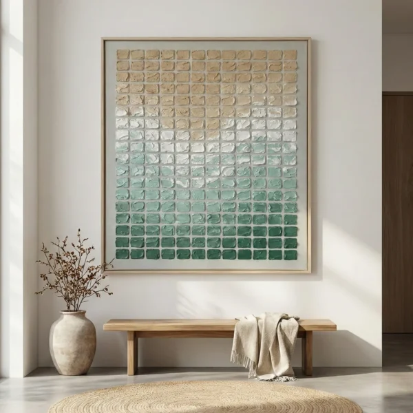 Textured hand-painted canvas with gradient ombre effect, transitioning from warm beige to deep forest green in grid composition, contemporary entryway