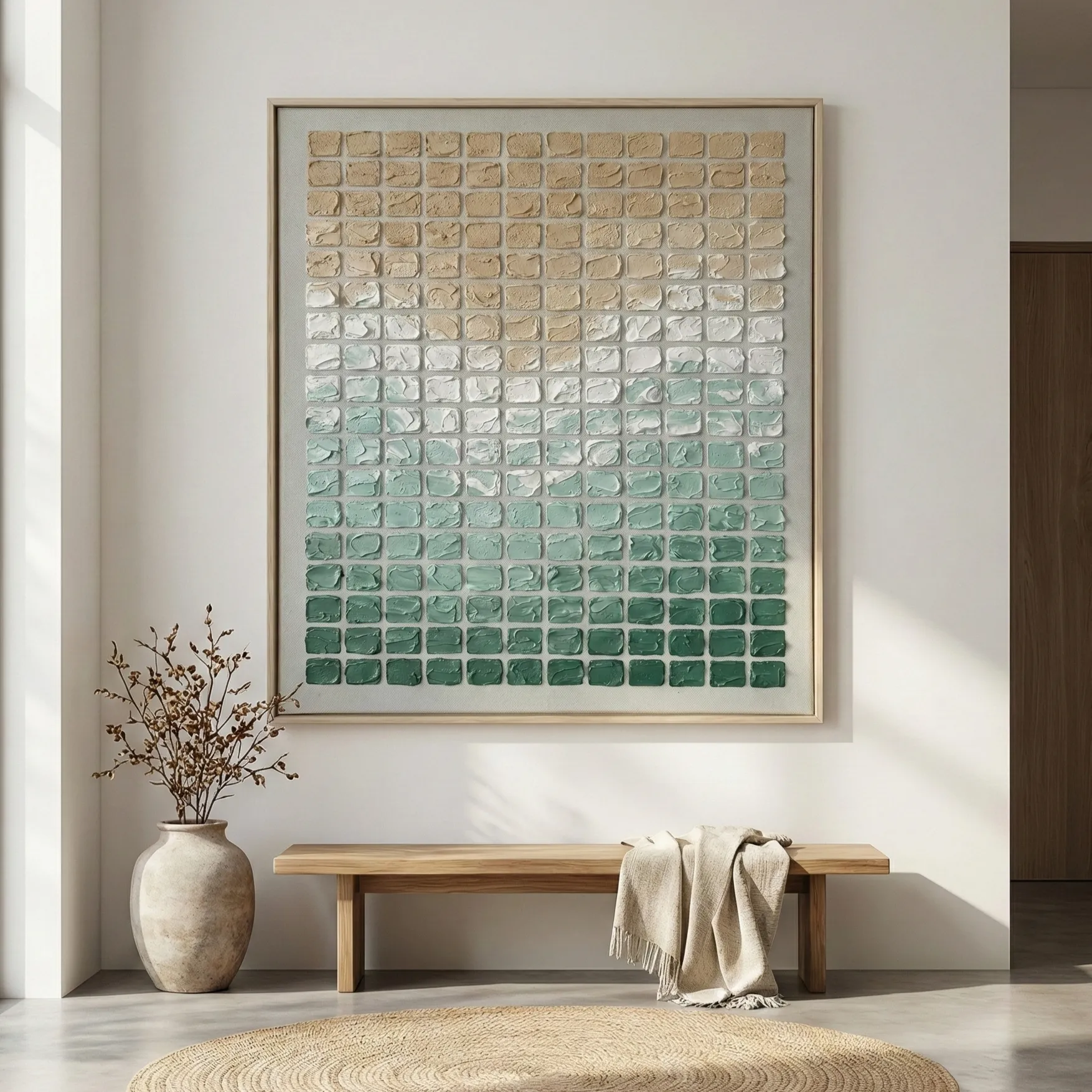 Oceanic Mosaic – Wabi Sabi Textured Wall Decor (5) Textured hand-painted canvas with gradient ombre effect, transitioning from warm beige to deep forest green in grid composition, contemporary entryway