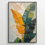 Textured contemporary hand-painted canvas of layered flower petals in golden yellow, cream, and deep forest green tones