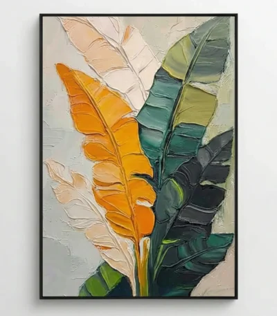 Textured contemporary hand-painted canvas of layered flower petals in golden yellow, cream, and deep forest green tones