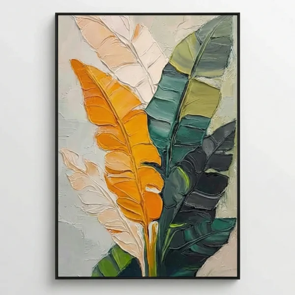 Textured contemporary hand-painted canvas of layered flower petals in golden yellow, cream, and deep forest green tones