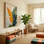 Contemporary hand-painted canvas featuring layered feathers in ochre, teal, and cream tones, modern living space