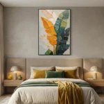 Contemporary hand-painted canvas featuring layered feathers in gold, cream, teal and forest green tones, modern bedroom