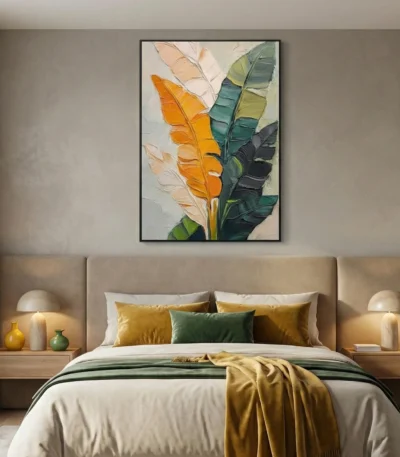 Contemporary hand-painted canvas featuring layered feathers in gold, cream, teal and forest green tones, modern bedroom