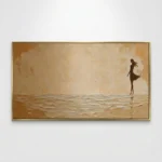 Textured hand-painted canvas depicting a solitary figure by the shoreline in warm cream and sand tones