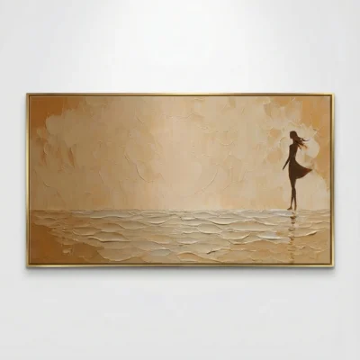 Textured hand-painted canvas depicting a solitary figure by the shoreline in warm cream and sand tones
