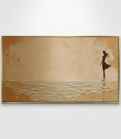 Textured hand-painted canvas depicting a solitary figure by the shoreline in warm cream and sand tones