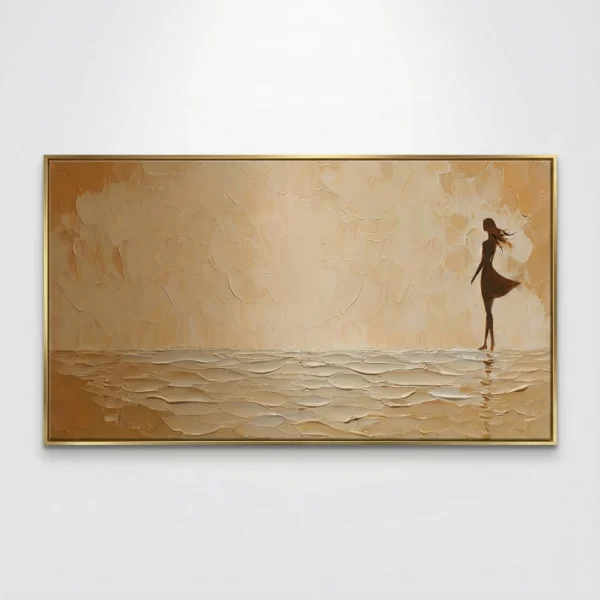 Textured hand-painted canvas depicting a solitary figure by the shoreline in warm cream and sand tones