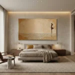 Textured figurative hand-painted canvas depicting solitary figure in shallow water, warm ochre and cream palette, contemporary bedroom setting