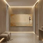 Textured figurative hand-painted canvas depicting a solitary woman wading in ocean waves, warm cream and ochre palette, contemporary interior setting