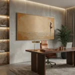 Textured figurative hand-painted canvas depicting solitary woman wading in seawater, warm ochre and cream tones, contemporary office setting