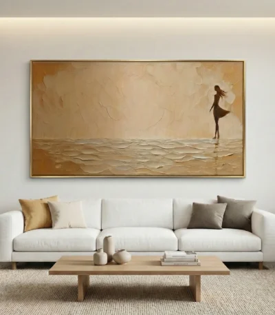 Textured figurative hand-painted canvas of a solitary woman in shallow waters, rendered in warm cream and ochre tones, contemporary living space