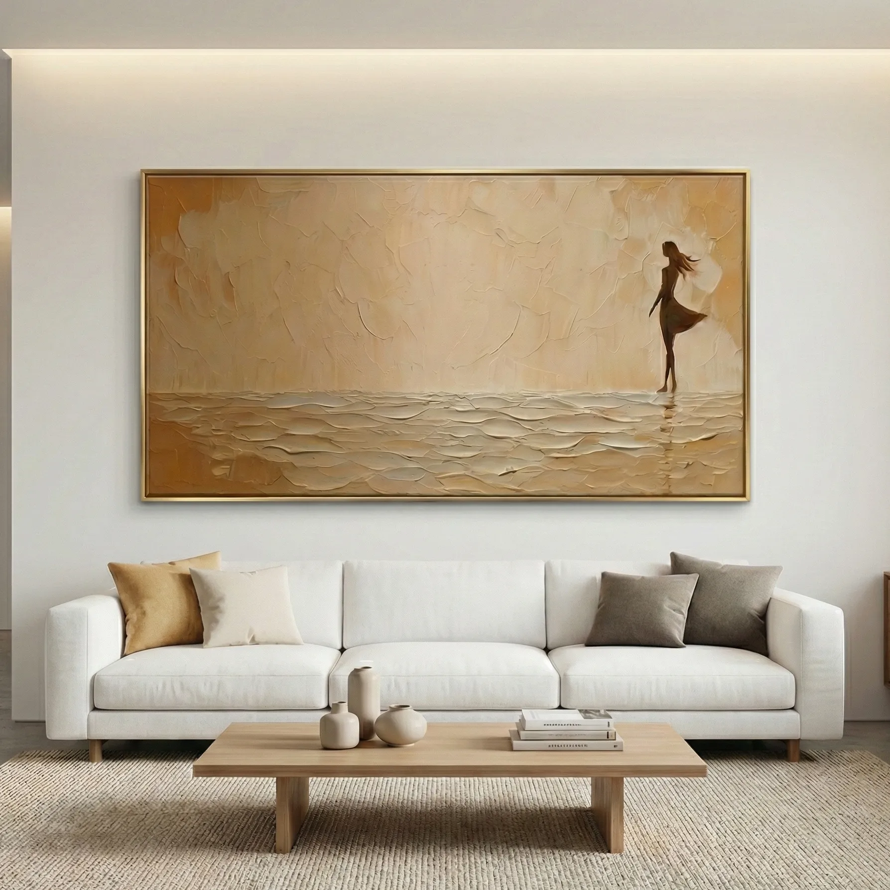 Ochre Horizon Line art figure on textured shore minimal wall art (5) Textured figurative hand-painted canvas of a solitary woman in shallow waters, rendered in warm cream and ochre tones, contemporary living space