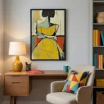 Contemporary abstract hand-painted canvas depicting a figure in yellow dress with gestural black lines, ochre cream and teal palette, modern workspace