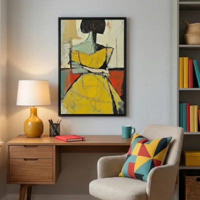 Contemporary abstract hand-painted canvas depicting a figure in yellow dress with gestural black lines, ochre cream and teal palette, modern workspace