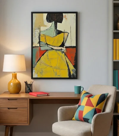 Contemporary abstract hand-painted canvas depicting a figure in yellow dress with gestural black lines, ochre cream and teal palette, modern workspace