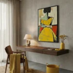 Contemporary figurative painting in bold yellow and black with gestural marks, modern workspace