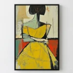 Gestural abstract hand-painted canvas depicting a figure in yellow dress with black hair and green accents, muted cream and rust backdrop