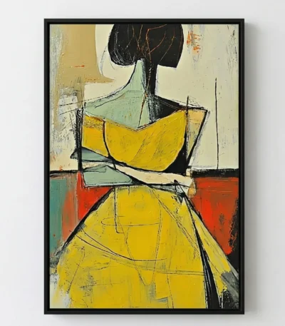 Gestural abstract hand-painted canvas depicting a figure in yellow dress with black hair and green accents, muted cream and rust backdrop