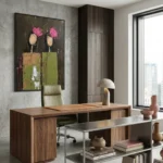 Gestural abstract hand-painted canvas with pink blooms and chartreuse brushstrokes on dark ground, modern office setting