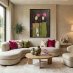 Abstract hand-painted canvas depicting pink peonies in textured vessels, dark and chartreuse tones, contemporary living space