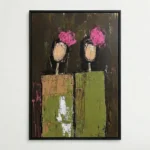 Contemporary figurative hand-painted canvas featuring two abstracted figures with vibrant pink peonies, textured earth and chartreuse tones
