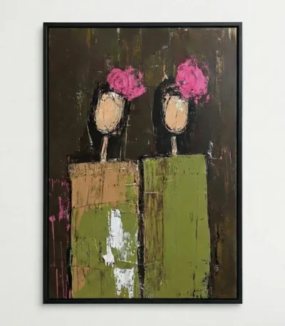 Contemporary figurative hand-painted canvas featuring two abstracted figures with vibrant pink peonies, textured earth and chartreuse tones