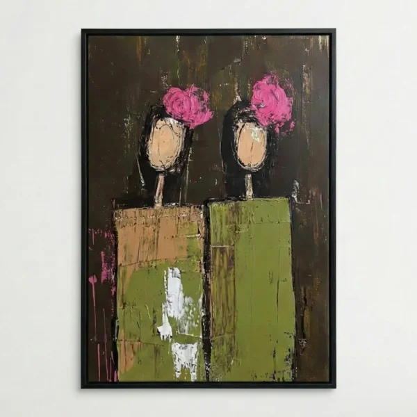 Contemporary figurative hand-painted canvas featuring two abstracted figures with vibrant pink peonies, textured earth and chartreuse tones