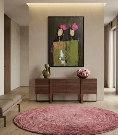 Gestural abstract hand-painted canvas depicting two figures with pink floral heads in muted greens and blacks, entryway setting