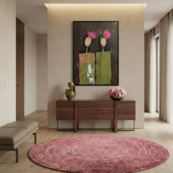 Gestural abstract hand-painted canvas depicting two figures with pink floral heads in muted greens and blacks, entryway setting