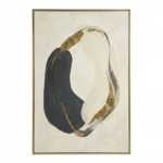 Gestural abstract hand-painted canvas in charcoal black and gold leaf with organic curved forms, contemporary living space