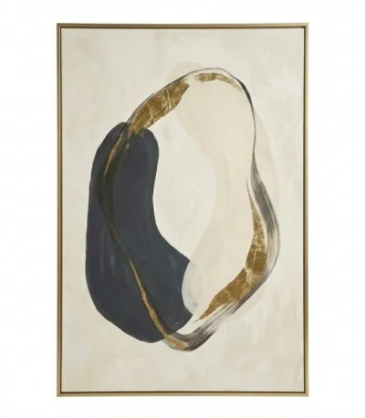 Gestural abstract hand-painted canvas in charcoal black and gold leaf with organic curved forms, contemporary living space