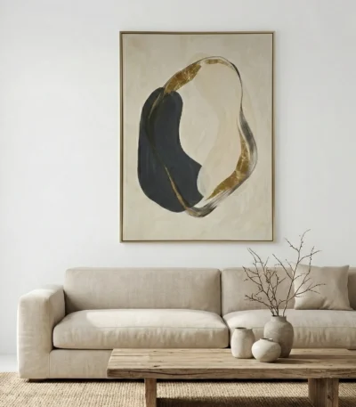 Contemporary abstract hand-painted canvas with organic black and gold forms, muted palette, modern living space