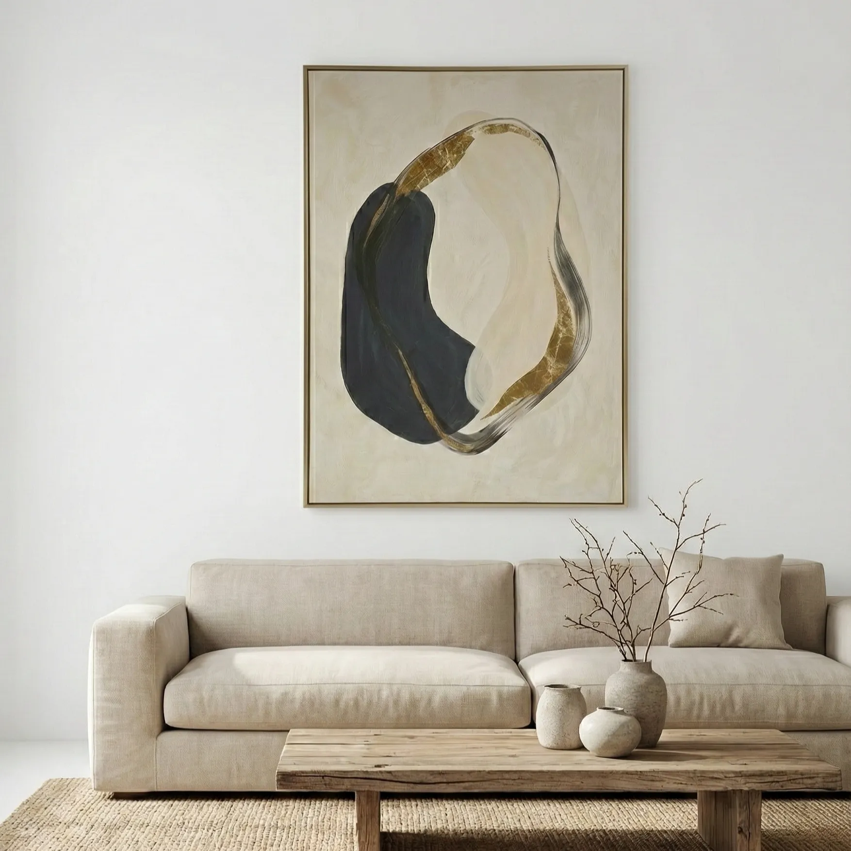 Organic Balance – Wabi Sabi Abstract Textured Wall Art (4) Contemporary abstract hand-painted canvas with organic black and gold forms, muted palette, modern living space