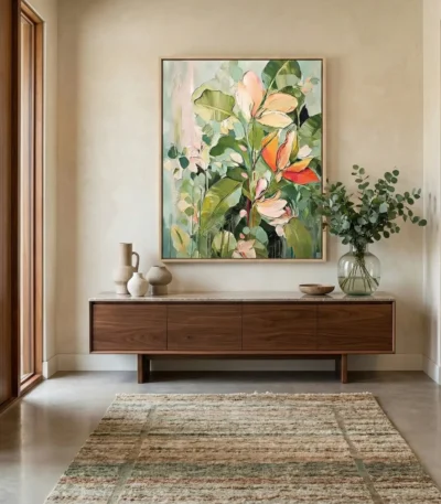 Painterly floral hand-painted canvas with layered pink, coral and green botanicals in contemporary hallway