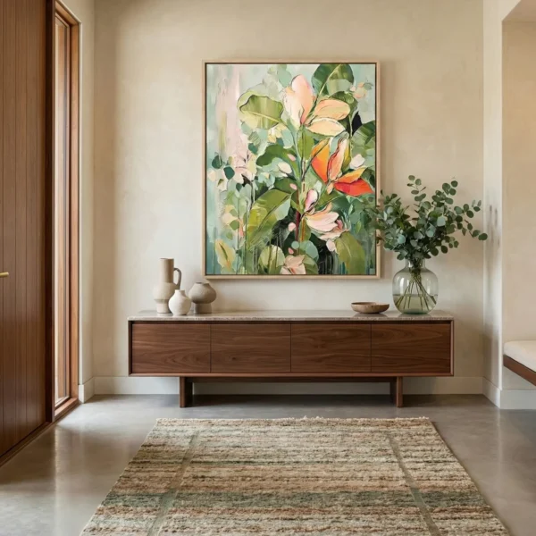 Painterly floral hand-painted canvas with layered pink, coral and green botanicals in contemporary hallway
