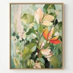 Expressionist hand-painted canvas depicting blooming flowers in soft pastels and vibrant coral tones, lush green foliage throughout