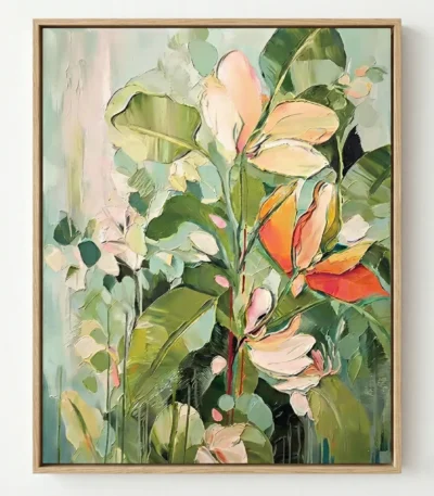 Expressionist hand-painted canvas depicting blooming flowers in soft pastels and vibrant coral tones, lush green foliage throughout
