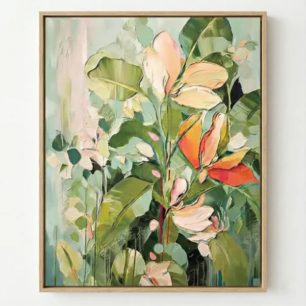 Expressionist hand-painted canvas depicting blooming flowers in soft pastels and vibrant coral tones, lush green foliage throughout