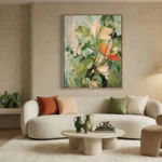 Contemporary hand-painted canvas of blooming flowers in soft pastels and warm oranges, modern living space
