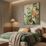 Contemporary hand-painted canvas of blooming flowers in soft pastels and greens, modern bedroom
