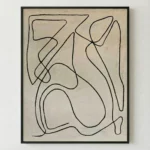 Minimalist hand-painted canvas with continuous black line abstract forms on cream linen, contemporary wall art