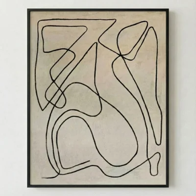 Minimalist hand-painted canvas with continuous black line abstract forms on cream linen, contemporary wall art