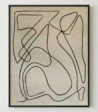 Minimalist hand-painted canvas with continuous black line abstract forms on cream linen, contemporary wall art