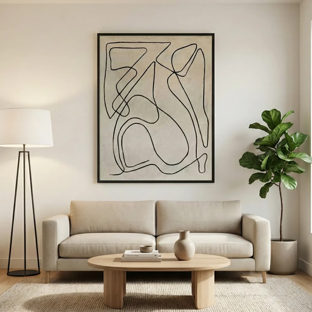 Minimalist black ink line drawing on cream hand-painted canvas with gestural abstract forms, contemporary living space