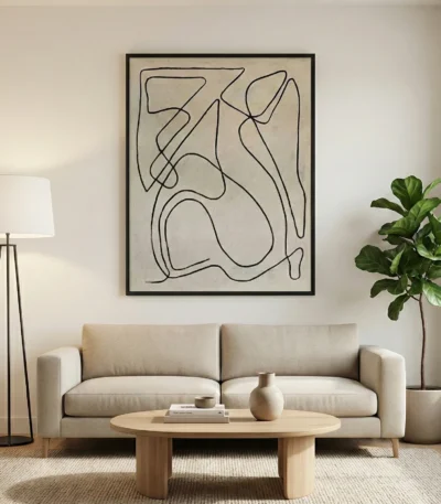 Minimalist black ink line drawing on cream hand-painted canvas with gestural abstract forms, contemporary living space